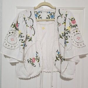 Vintage Style White Cotton Embroidered Floral Eyelet Lace Cottage Boho Cardigan
